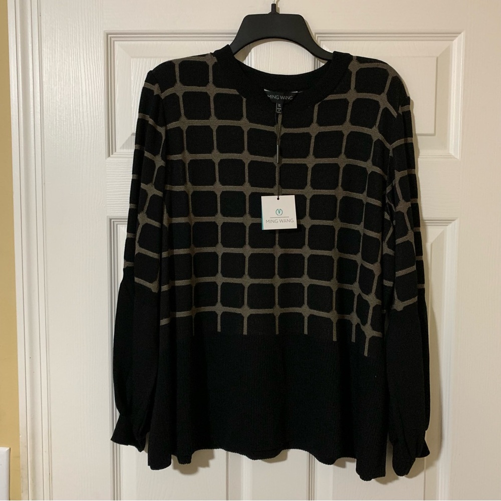 Ming Wang Geometric Long Sleeve‎ Black and Brown Women's Sweater Size XL